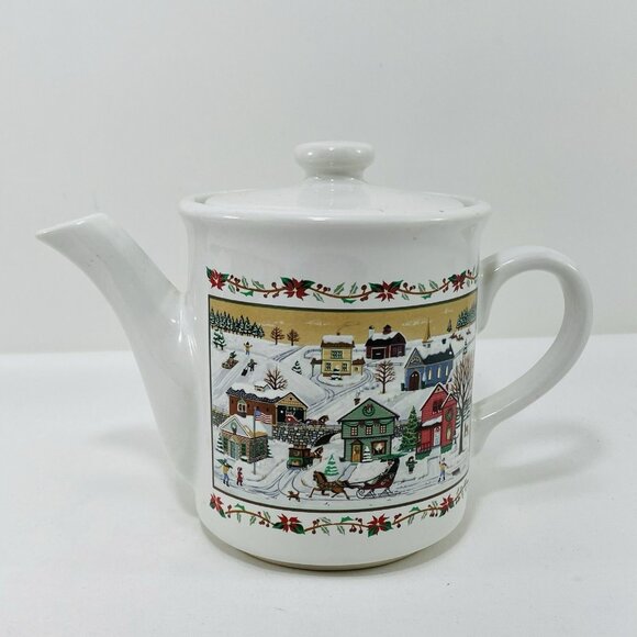 Vintage Russ Christmas Teapot Pot Jug Jar Pitcher Village Town Snow Winter 9690 - Picture 1 of 12